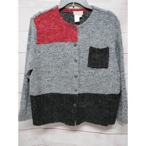 Coldwater Creek Size Medium Gray Black Red Colorblock Cardigan Sweater w/ Mohair